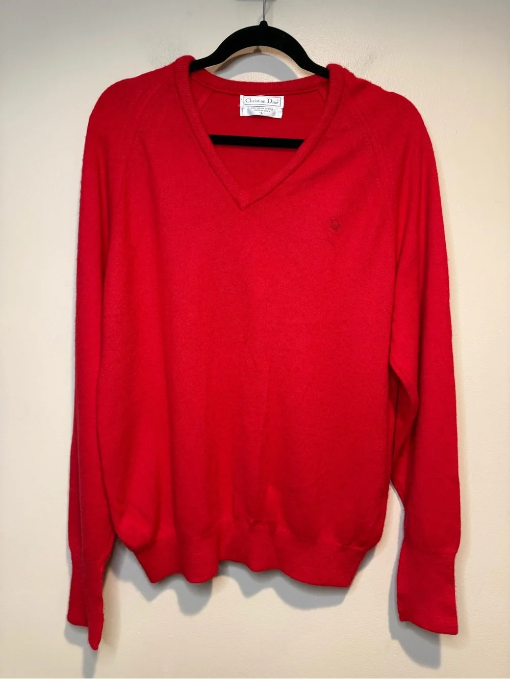 Vintage Christian Dior Orlon Acrylic V-Neck Sweater Men's Sz L red